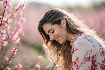 Naklejka premium Smiling Young Woman in Pink Flower Field – Dreamy Spring Portrait Photography