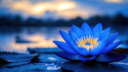 A blue-hued lotus flower with an iridescent glow, set against a dark twilight sky