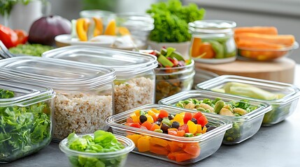 An assortment of fresh vegetables and salads in clear containers, showcasing healthy meal prepping with vibrant colors and organized presentation.