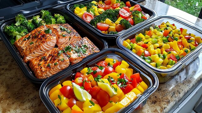A colorful meal prep display featuring grilled salmon, fresh vegetables, and vibrant fruit salad, arranged neatly in plastic containers.