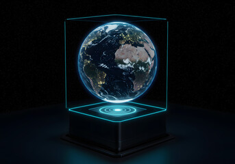 A sleek holographic display projecting a rotating globe.