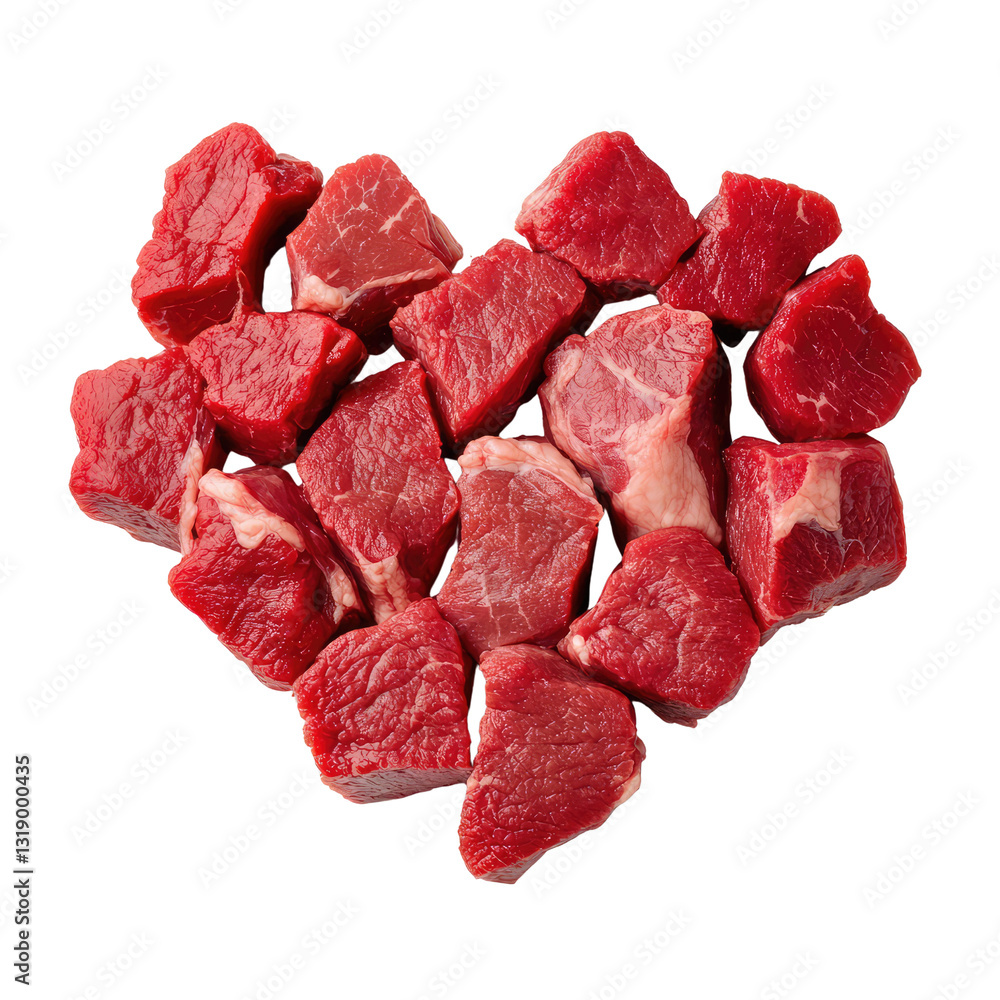 Poster fresh raw beef chunks in heart shape displayed on a isolated background - perfect for cooking and cu