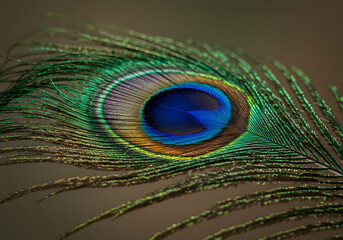 Obraz premium A close-up of a single peacock feather with iridescent colors.