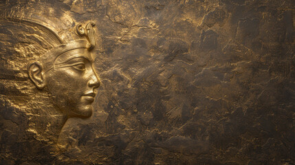 Golden ancient egyptian pharaoh profile carved into stone wall