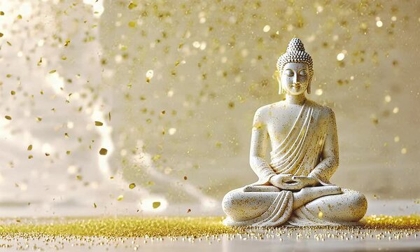 Golden buddha statue in glitter atmosphere.