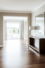 Fototapeta premium Modern interior design of a spacious living area with large windows and neutral tones
