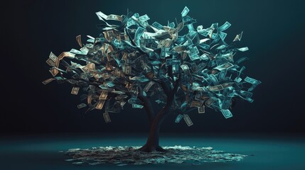 A business tree with paper currency as leaves, symbolizing financial success, on a dark gradient background