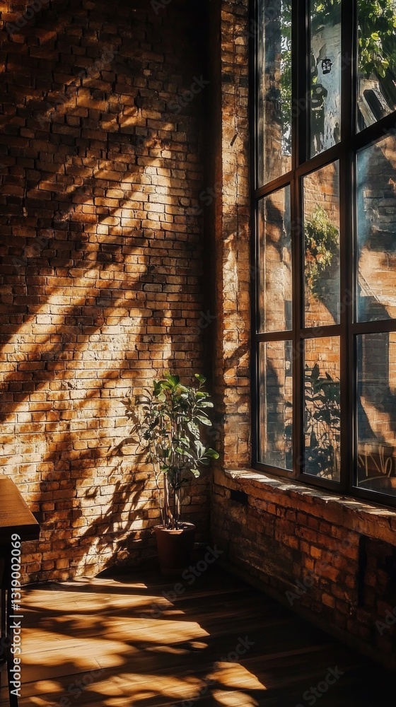 Poster Sunlight streams through tall windows, casting intricate patterns on the warm brick wall. A small plant thrives in the corner, enhancing the cozy atmosphere of the space