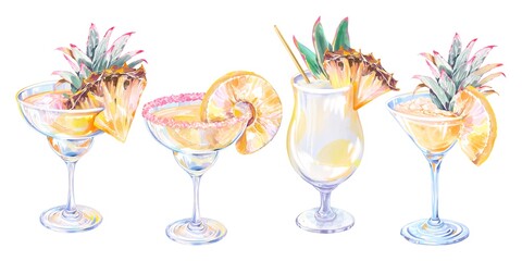 A Set Of Tropical Alcoholic Drink In A Tall Martini Glass, Margarita, Pina Colada, Garnished With A Slice Of Pineapple, Watercolor Illustration On A White Background For Exotic Bar