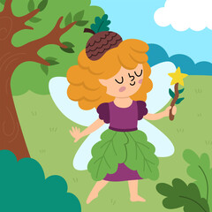 Vector square background with acorn fairy. Fairyland landscape illustration. Cute scenery with magic princess with wings, meadow, sky. Fantasy nature scene illustration. Fairytale picture for kid