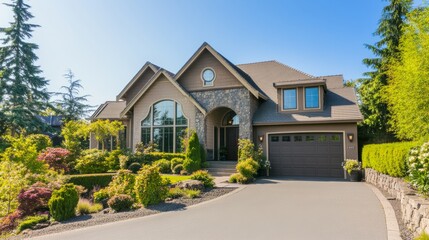 Modern Luxury Home Entrance with Clean Lines, Surrounded by Greenery, Under a Clear Blue Sky, Minimalistic and Serene Design.
