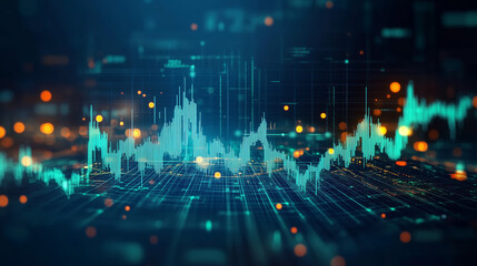 Abstract Digital Data Visualization With Green And Orange Lights Represents Network And Financial Growth On Black Background