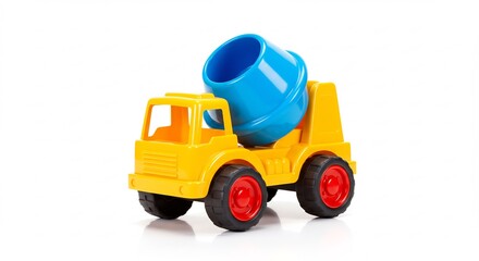 Fototapeta premium Brightly colored plastic cement mixer truck toy playfully sits on white background. AI Generated