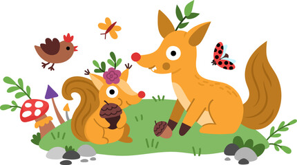 Vector scene with fairytale animals on meadow. Funny composition with squirrel, fox, bird. Cute scenery with magic creatures with acorns, mushroom. Fantasy  illustration. Fairytale picture for kid