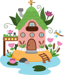 Fototapeta premium Vector swamp fairy house icon isolated on white background. Woodland princess home clipart. Fantasy forest cottage illustration. Magic fairytale dwelling with reeds, water lily, dragonfly