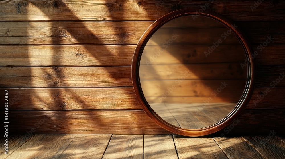 Poster sunlight streams through a cozy wooden interior, casting playful shadows. a round mirror rests again