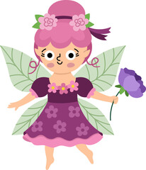 Vector flower fairy icon isolated on white background. Cute little girl with wings. Woodland princess clipart. Fantasy forest fay illustration. Magic fairytale creature in purple dress holding rose