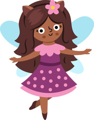 Vector animal fairy icon isolated on white background. Cute little girl with wings. Woodland princess clipart. Fantasy forest fay illustration. Magic fairytale creature in purple dress with deer ears