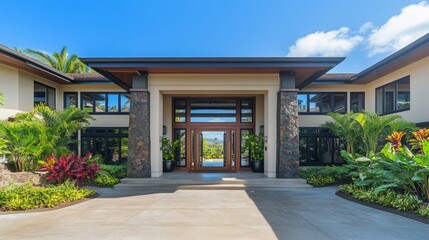 Obraz premium Modern Luxury Home Entrance with Clean Lines, Surrounded by Greenery, Under a Clear Blue Sky, Minimalistic and Serene Design. 