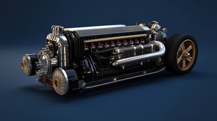 A complex supercharger engine with exposed mechanical parts, displayed on a midnight blue background