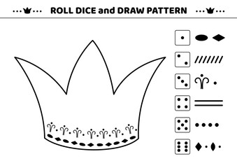 Black and white drawing game. Roll dice and draw pattern. Crown. Draw pattern on crown. Activity for kids. Education for toddler. Isolated vector illustration eps 10