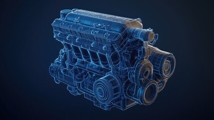 A detailed blueprint-style engine rendering with glowing blue wireframes, set on a dark navy backdrop