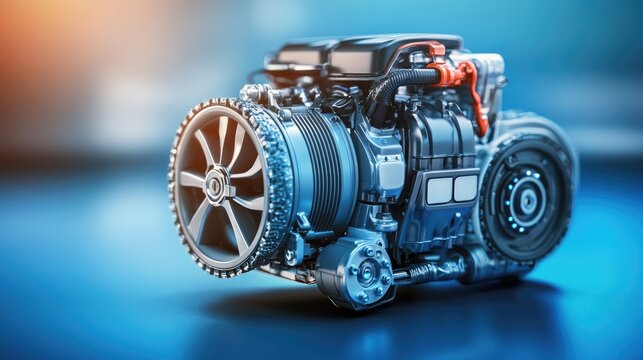 A detailed rendering of an electric car engine with futuristic lighting on a soft cyan background
