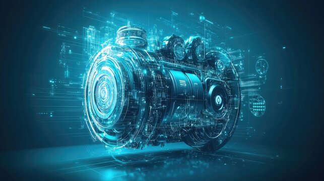 A detailed rendering of an electric car engine with futuristic lighting on a soft cyan background