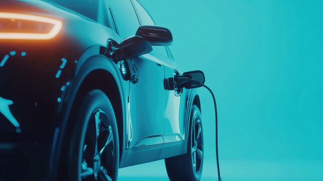 A detailed rendering of an electric car engine with futuristic lighting on a soft cyan background