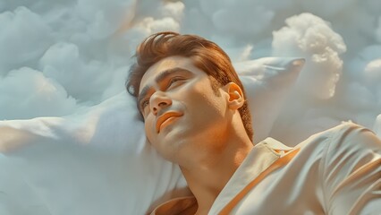 Dreamscape Serenity: A young man rests peacefully amongst ethereal clouds, his serene expression and tranquil pose evoking a sense of calmness and introspection.