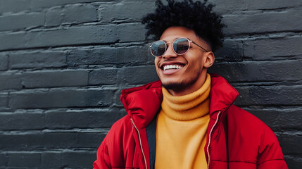 Portrait of a confident and stylish young African American man with curly hair wearing a red jacket and sunglasses smiling in an urban street setting with a brick wall background