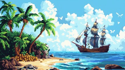 Pixel art of a tropical island with palm trees and a ship sailing away.