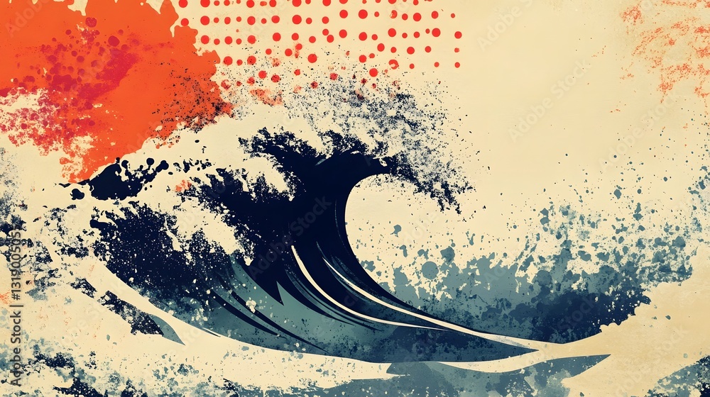 Poster Powerful Crashing Ocean Wave in Retro Splash and Swirl Abstract Art Style