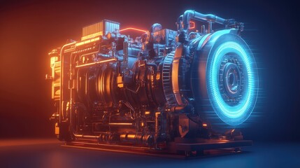 Fototapeta premium A futuristic engine with metallic textures and neon blue lighting, set against a dark gradient background
