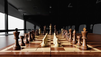 Wooden chess pieces arranged on a checkered game board
