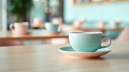 A pastel green cup on a saucer, placed on a wooden table with a blurred caf&eacute; background. Concept Pastel Green Cup, Wooden Table Aesthetics, Caf&eacute; Ambiance, Blurred Background, Coffee Culture