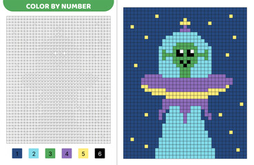 Color pixel by number. UFO, flying saucer. Pixel coloring book. Numbered squares. Game for kids. Pixel art. Isolated vector illustration eps 10