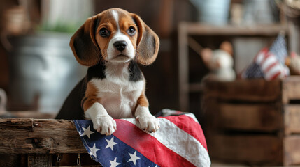 cute beagle puppy with American flag in rustic setting