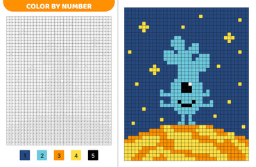 Color pixel by number. Blue alien on orange planet. Pixel coloring book. Numbered squares. Game for kids. Pixel art. Isolated vector illustration eps 10