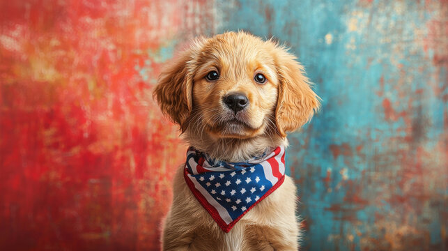 Golden retriever puppy wearing patriotic bandana with colorful background