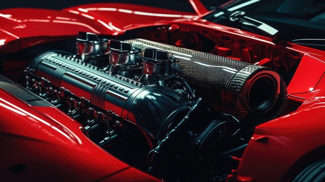A high-performance sports car engine with carbon fiber details, set against a red and black gradient background