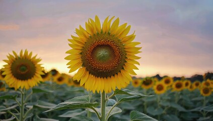 Fototapeta premium Field Of Sunflowers Blooming Beautifully Under An Evening Sky