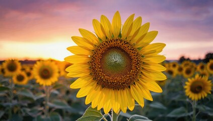Fototapeta premium A large vibrant sunflower stands against a colorful sunset sky