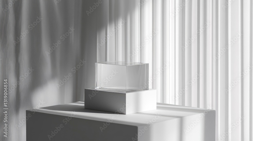 Aufkleber minimalist display of clear cube on white pedestal in soft light with elegant shadow effects