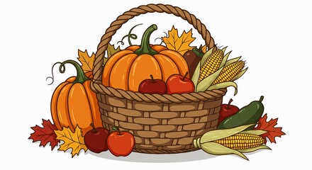 Autumn Harvest Bounty: A charming illustration captures the abundance of the autumn season, showcasing a rustic wicker basket overflowing with pumpkins, apples, corn, and autumn leaves.
