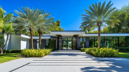Modern Luxury Home Entrance with Clean Lines, Surrounded by Greenery, Under a Clear Blue Sky, Minimalistic and Serene Design.
