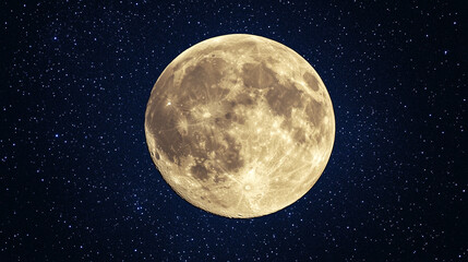 A glowing round full moon against a starry night sky, detailed with visible craters.