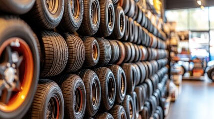 A neatly organized wall of different automotive tires displayed in a professional showroom