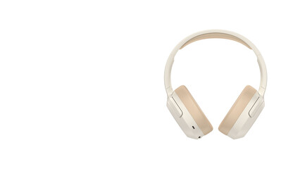 Closeup of cream-colored headphones, isolated on white background.