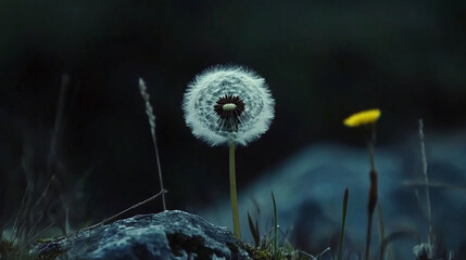 A soft-focus shot of a round dandelion seed head, ready to be blown away by the wind.